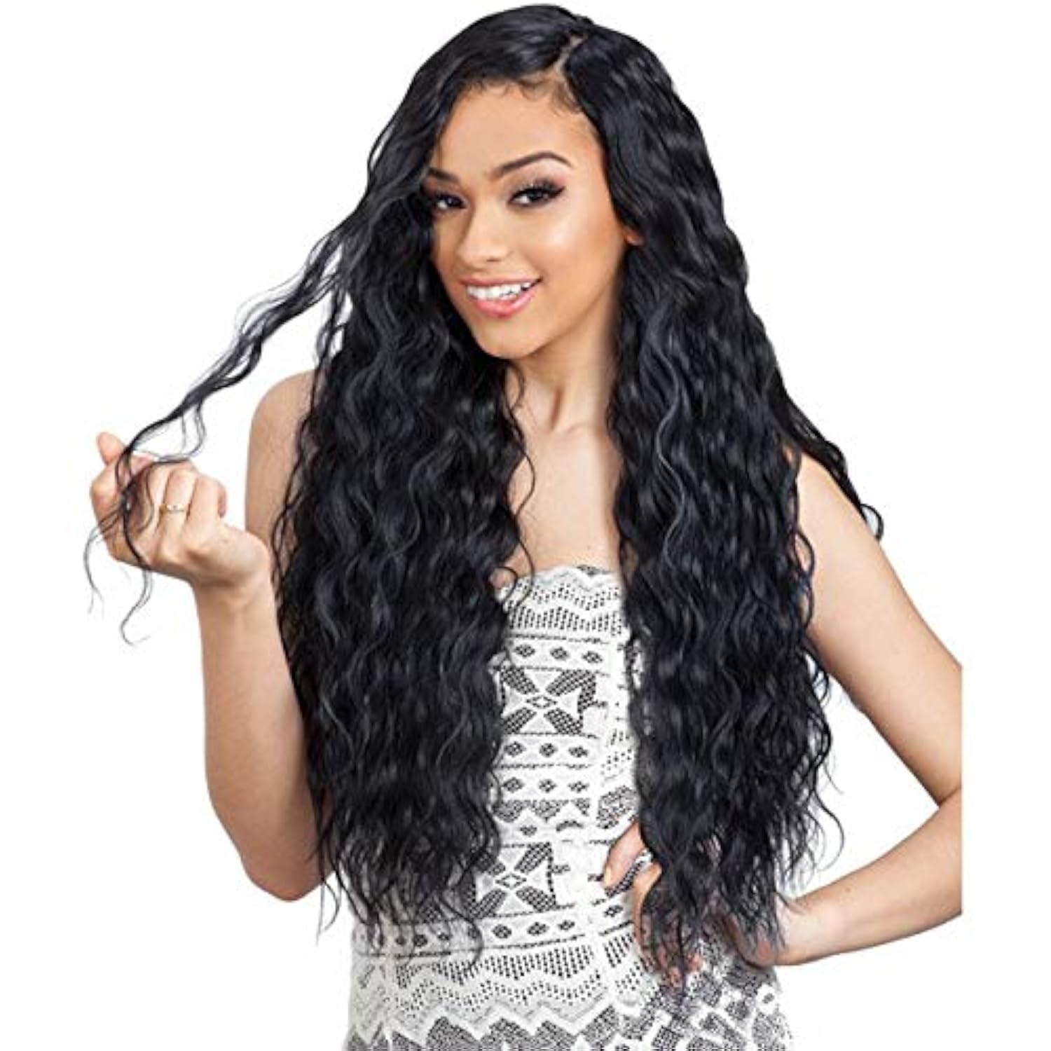 Model wearing Organique Mastermix Breezy Wave 30 inch synthetic weave in off black with long crimped waves