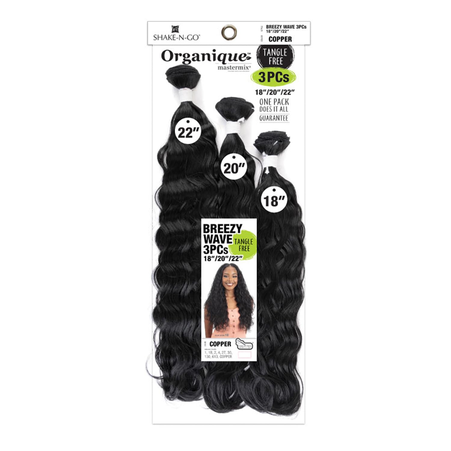 Shake-N-Go Organique Mastermix Breezy Wave 3PCs pack with 18, 20 and 22 inch bundles, labeled tangle free and one pack does it all