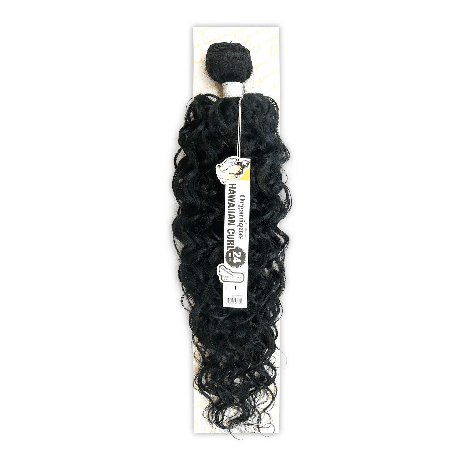Single Organique Hawaiian Curl 24 inch bundle in color 1 on its Shake-N-Go backing card, tagged curling iron safe