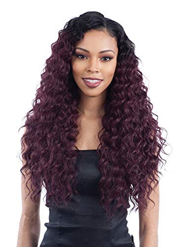 Model wearing Organique Mastermix Loose Deep bundles in 14, 16 and 18 inch lengths in a deep burgundy shade