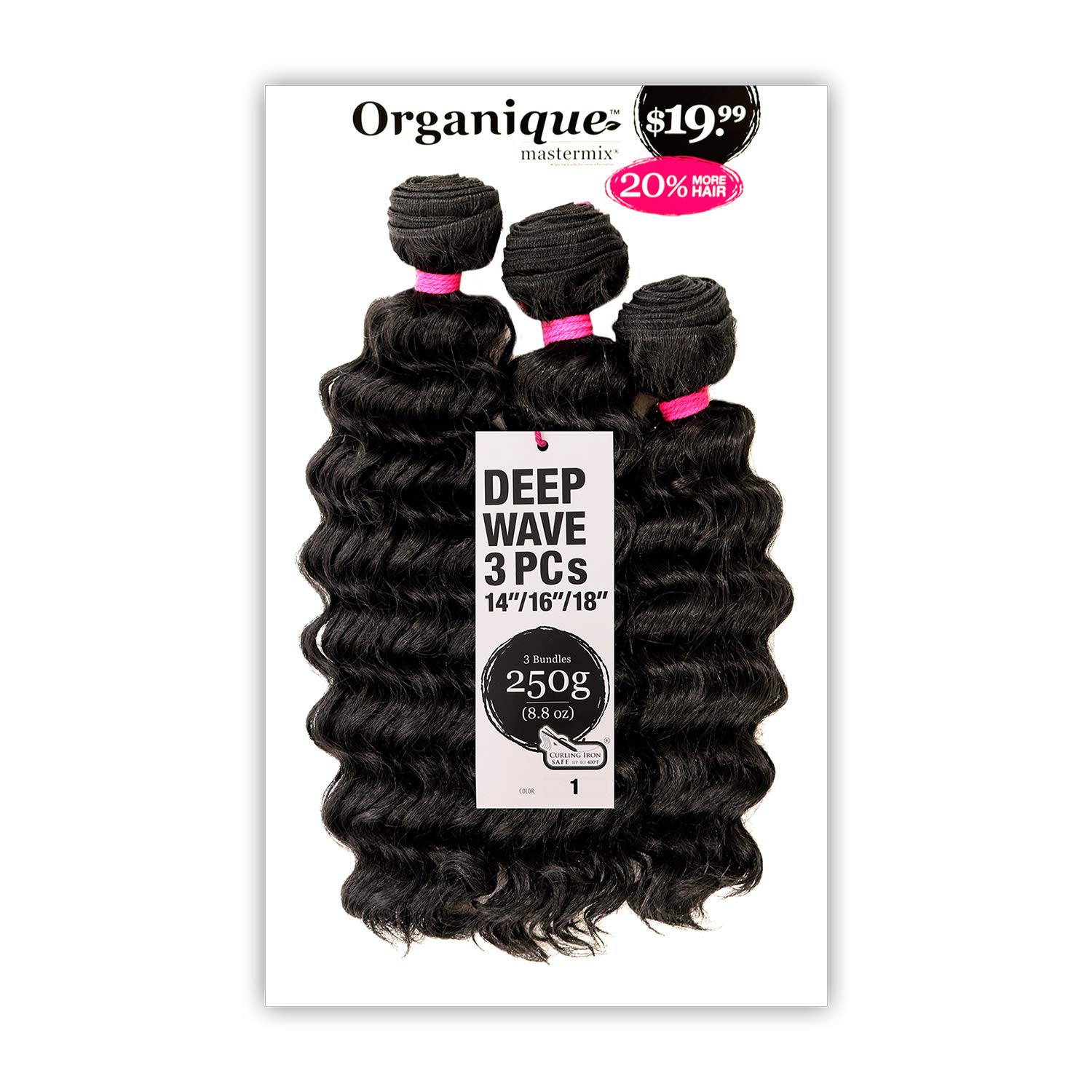 Organique Mastermix Deep Wave 3PCs pack from Shake-N-Go holding three jet black bundles in 14, 16 and 18 inch lengths, 250 grams, marked curling iron safe to 400°F