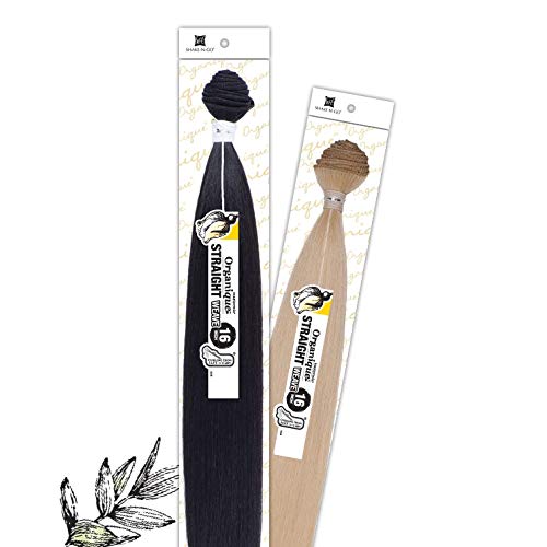 Two Organique Mastermix Straight 16 inch packs side by side on Shake-N-Go backing cards, one jet black and one blonde