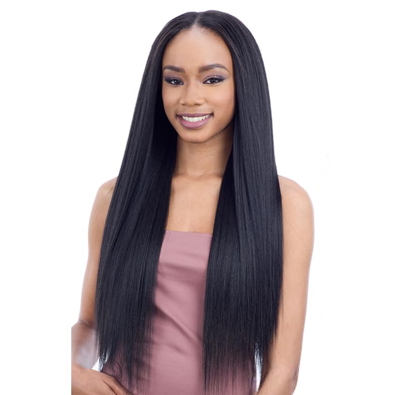Model wearing Organique Mastermix Straight 24 inch synthetic weave in jet black with a blunt cut at the ends